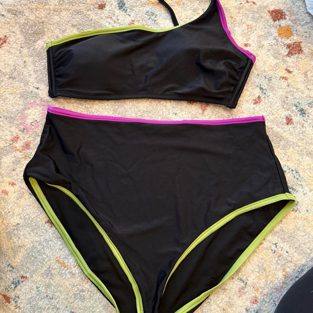 BOTTOMS ONLY Shade & Shore Black Bikini Bottoms with Purple and Lime Accents